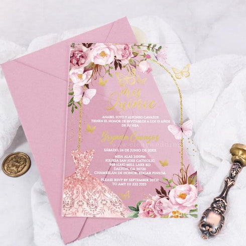 Pink Sparkle Glitter Dress Sweet 16 Birthday Transparent Acrylic Invitation CWIA172