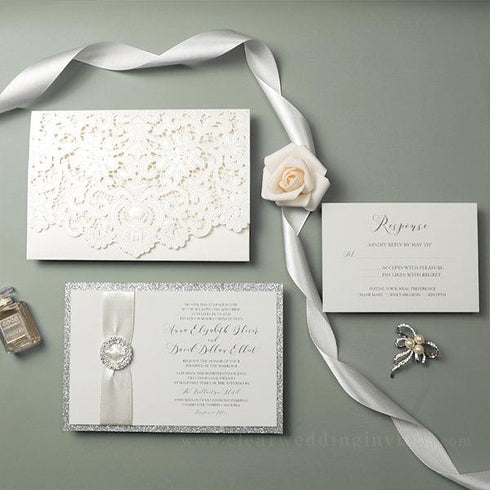 formal ivory lace pocket wedding invitation with silver buckle CWIL102