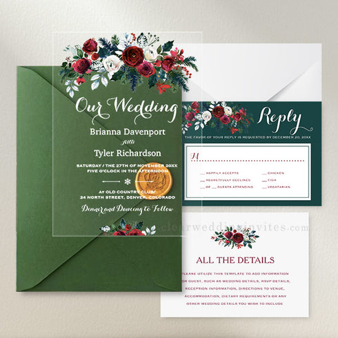 Christmas Themed Red and Green Floral Acrylic wedding invitations CWIA48