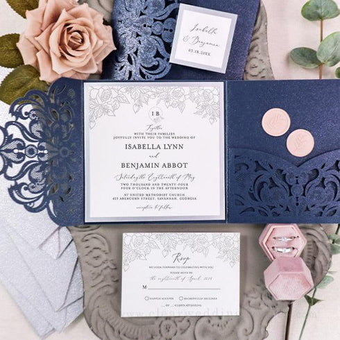Fine art rose and leaves navy and silver pocket wedding invitations CWIL83