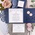 Fine art rose and leaves navy and silver pocket wedding invitations CWIL83