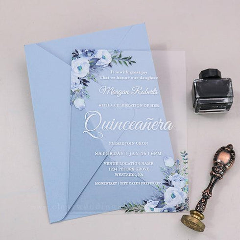 Cool light blue dusty blue quinceanera acrylic invitation CWIA95