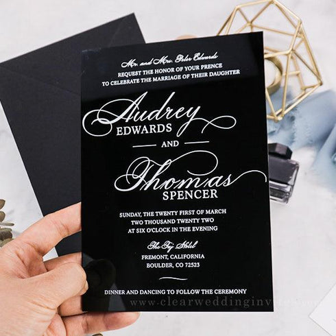 Simple White Calligraphy Black Acrylic Wedding Invitation CWIA90