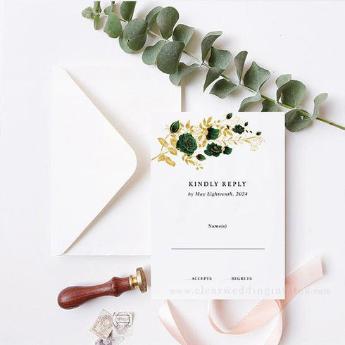 Watercolor Emerald and Gold Roses Acrylic Invitation for Sweet 16, Quinceañera, Wedding CWIA150