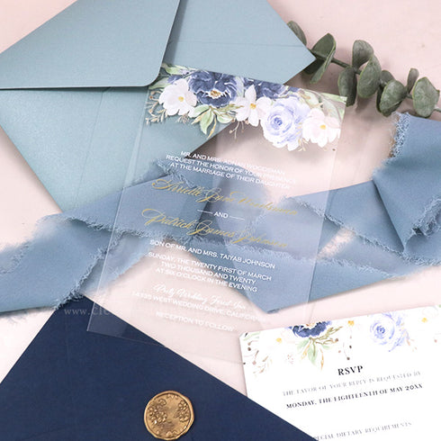 Dusty Blue Navy Gold Ivory Floral Acrylic Wedding Invitations CWIA89