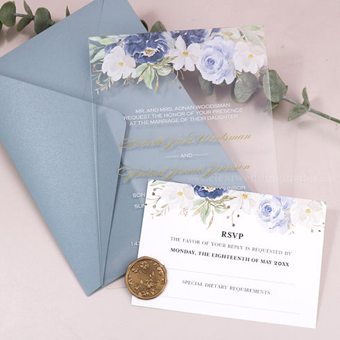 Dusty Blue Navy Gold Ivory Floral Acrylic Wedding Invitations CWIA89