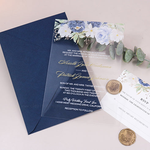 Dusty Blue Navy Gold Ivory Floral Acrylic Wedding Invitations CWIA89
