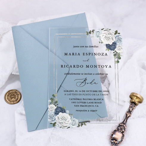 Dusty Blue Navy White Floral Transparent Wedding Invitations