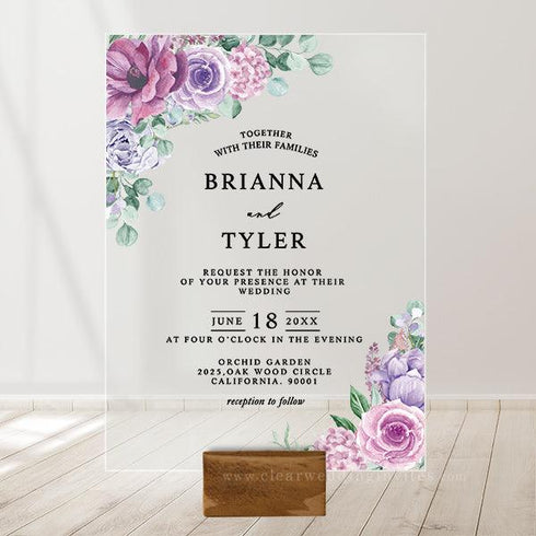 Dusty Purple, Pink and Eucalyptus Acrylic Wedding Invitation CWIA134 - Clear Wedding Invites