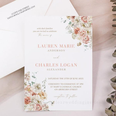 Peach Blush Coral Floral Boho Vellum Wedding Invitation CWIV46