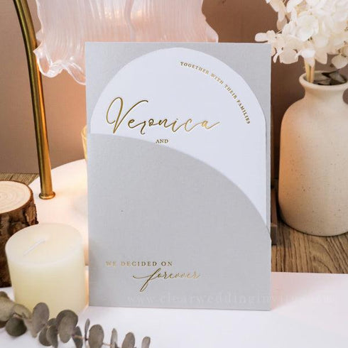 Modern Minimal Silver Script Arch Shape Foil Invitation CWIFI05