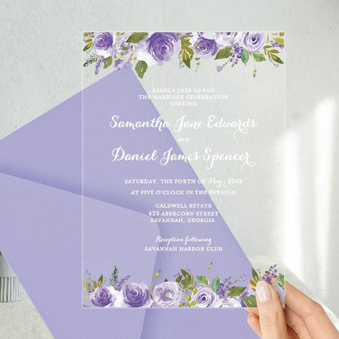 Lavender Purple Floral Sweet Sixteen Quinceanera Wedding Acrylic Invitation CWIA176