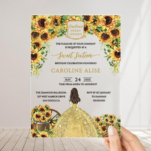Sunflower Sweet Sixteen Birthday Party Acrylic Invitation CWIA162
