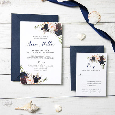 Rustic Navy Blue and Blush Pink Rose Floral Laser Cut Wedding Invitations