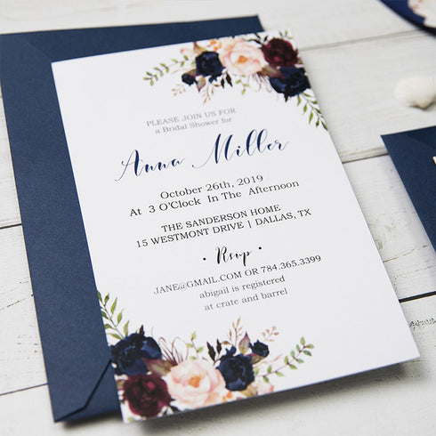 Rustic Navy Blue and Blush Pink Rose Floral Laser Cut Wedding Invitations