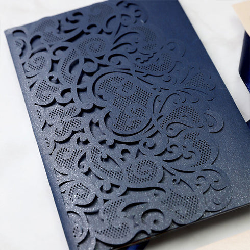 Rustic Navy Blue and Blush Pink Rose Floral Laser Cut Wedding Invitations