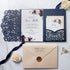 Rustic Navy Blue and Blush Pink Rose Floral Laser Cut Wedding Invitations