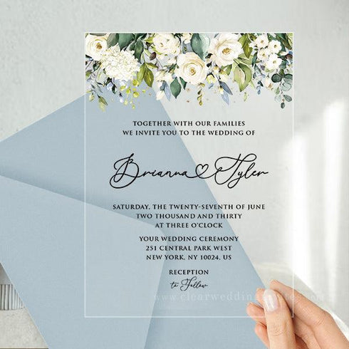 Elegant White Dusty Blue Foliage Acrylic Wedding Invitations CWIA178