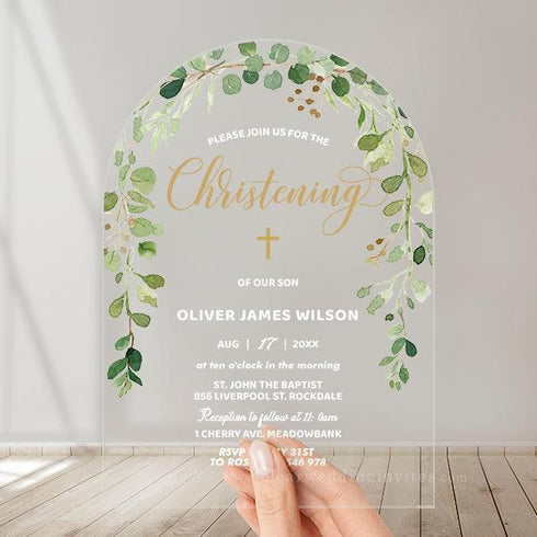 Eucalyptus Greenery Arch Shape Acrylic Baptism Invitation CWIBP02