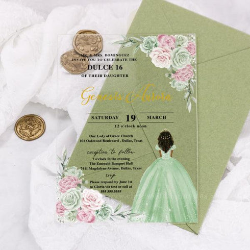 sage and pink floral quinceanera sweet 15 16 acrylic invitations CWIA227