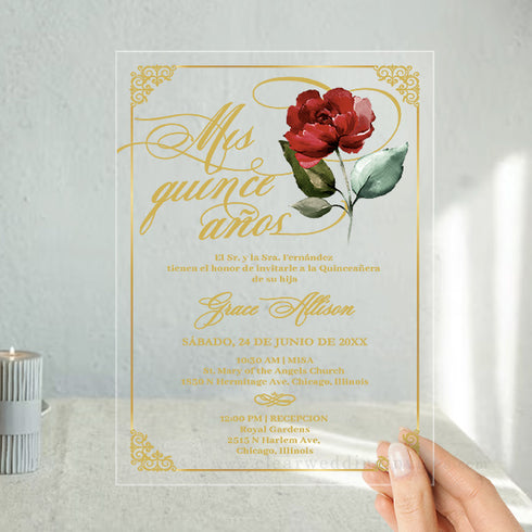 Fairytale Red Rose Gold Acrylic Quinceañera Invitations CWIA140