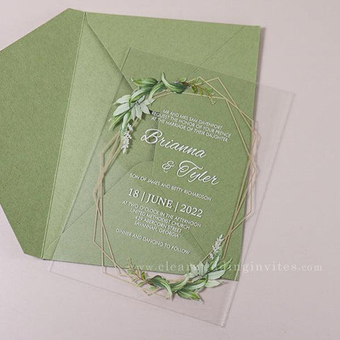greenery and geometric inspired .04" clear wedding invitation CWIA82