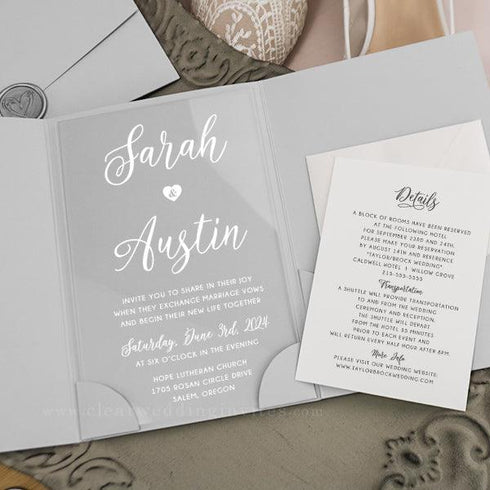 Hand Drawn Heart Clear Acrylic Pocket Wedding Invitations CWIA261