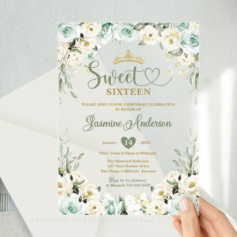 greenery ivory white floral sweet 16 15 clear acrylic invitation CWIA203