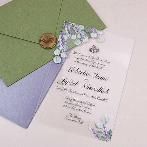 Lavender and Eucalyptus Affordable Clear Acrylic Wedding Invitations CWIA60