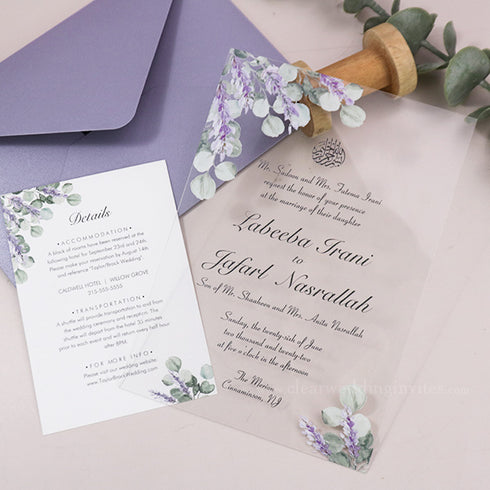 Lavender and Eucalyptus Affordable Clear Acrylic Wedding Invitations CWIA60