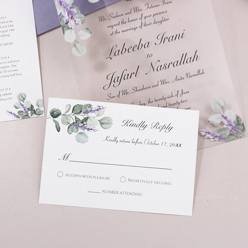 Lavender and Eucalyptus Affordable Clear Acrylic Wedding Invitations CWIA60
