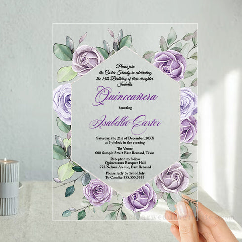 Light Purple Roses Sweet 16 Quinceanera Acrylic Invitations CWIA138