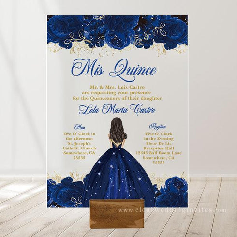 Mis quince royal blue and gold confetti quinceanera acrylic invitation CWIA220