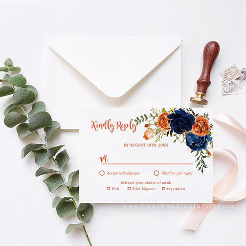 Orange & Navy Blue Peony & Rose Floral Acrylic Wedding Invitation CWIA177