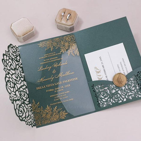 Gold Foil Roses and Leaf Pocket Acrylic Wedding Invitations CWIFI13