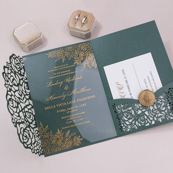 Gold Foil Roses and Leaf Pocket Acrylic Wedding Invitations CWIFI13