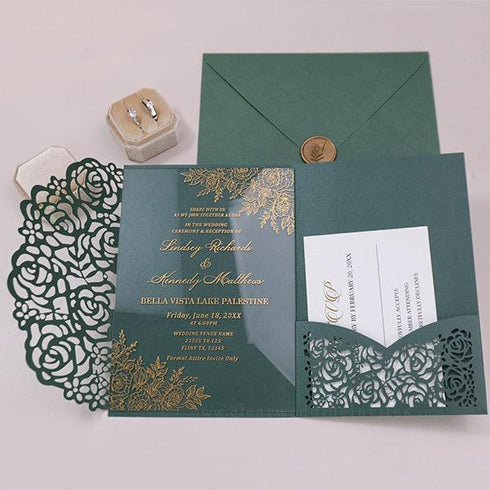Gold Foil Roses and Leaf Pocket Acrylic Wedding Invitations CWIFI13