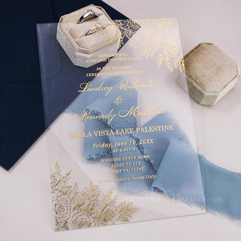 Real Foil Gold Roses and Foliage Clear Acrylic Wedding Invitations CWIFI04