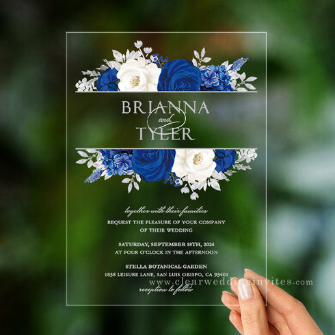 Royal Blue White and Silver Floral Acrylic Wedding Invitation
