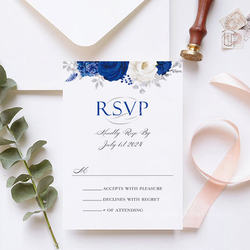 Royal Blue White and Silver Floral Acrylic Wedding Invitation