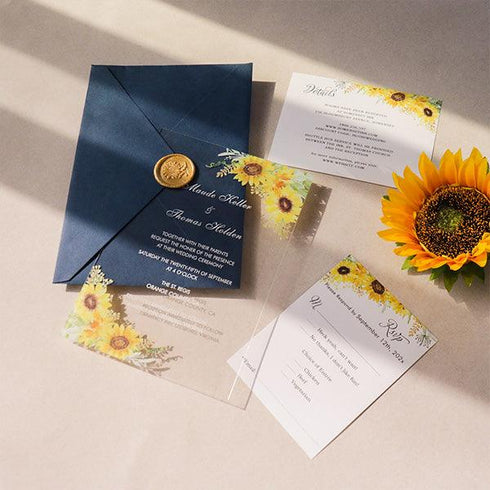 sunflower dusty blue gold glitter acrylic wedding invites CWIA91 - Clear Wedding Invites