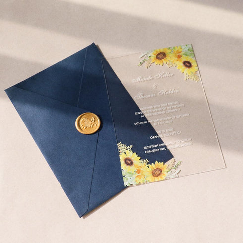 sunflower dusty blue gold glitter acrylic wedding invites CWIA91 - Clear Wedding Invites