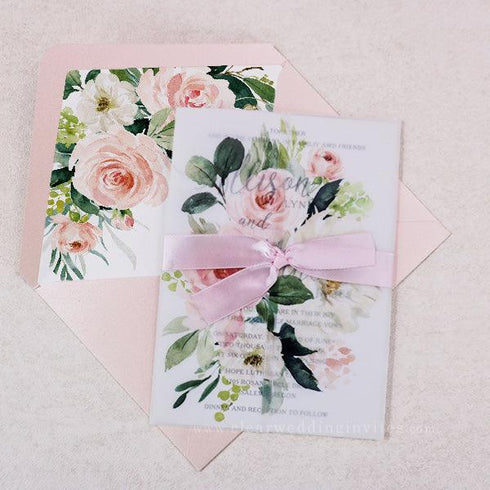 affordable romantic pink vellum wedding invitations CWIV28 - Clear Wedding Invites