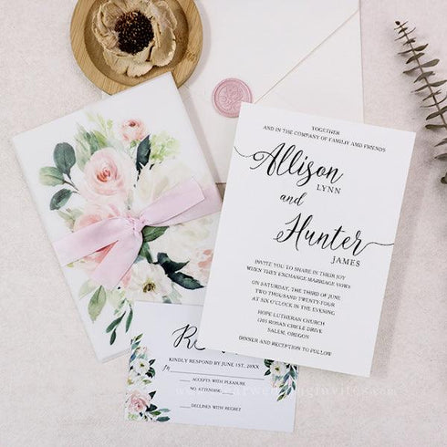 affordable romantic pink vellum wedding invitations CWIV28 - Clear Wedding Invites