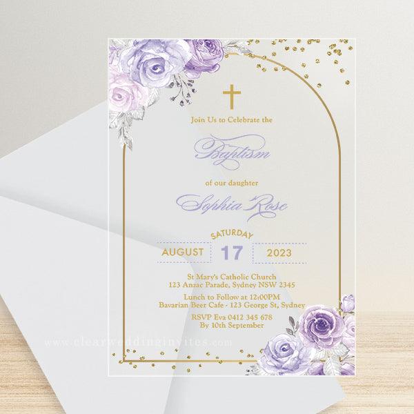 arch gold glitter purple floral girl acrylic baptism invitation CWIBP15