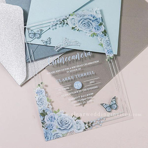 Baby Blue Floral Butterflies Sweet Sixteen 16th Acrylic Invitation CWIA157
