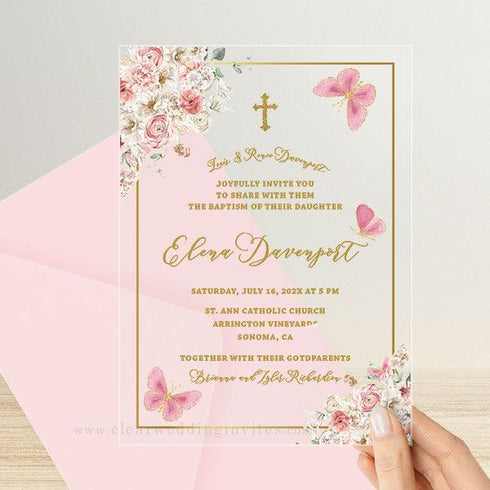 baby girl baptism rose gold pink butterfly acrylic invitation CWIBP17