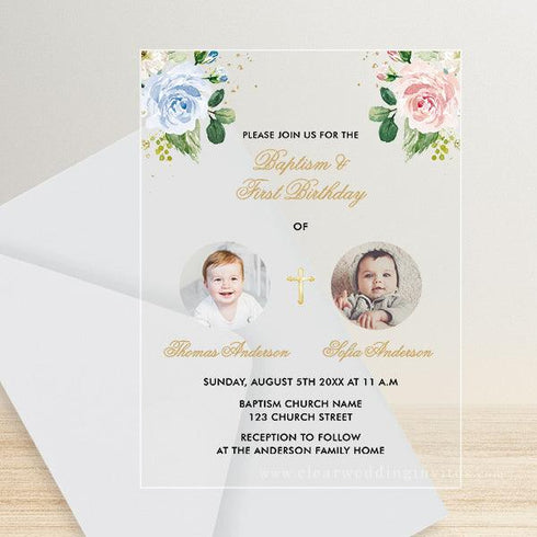 baptism twins boys white floral acrylic photo invitation CWIBP16