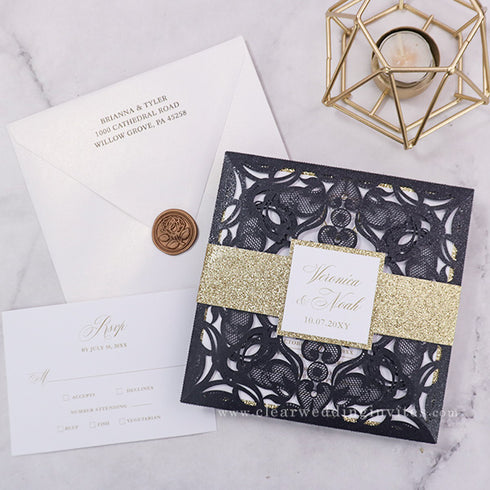 black and gold sparkle laser cut wedding invitations CWIL08