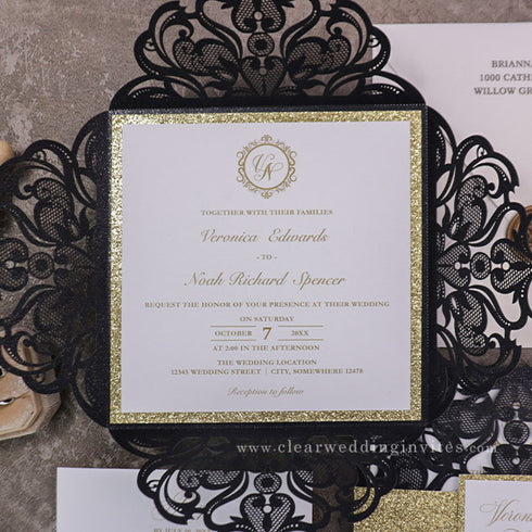 black and gold sparkle laser cut wedding invitations CWIL08